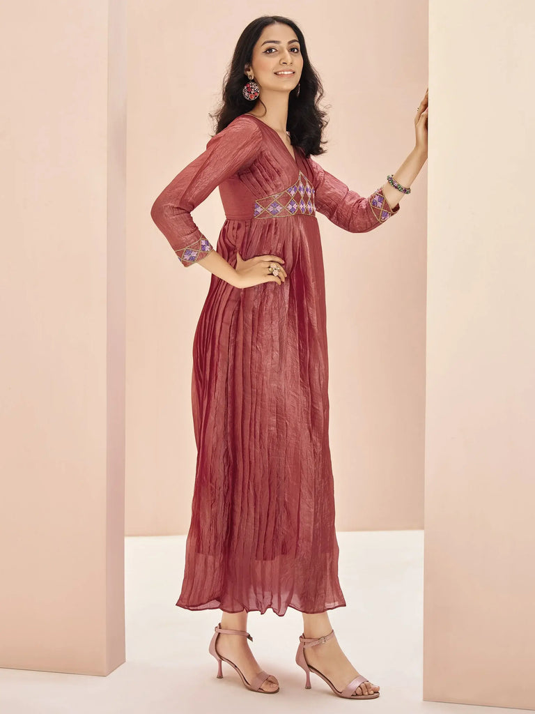 Adorable Coral Red Embroidered Organza Event Wear Kurti