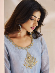 Charming Dusty Blue Embroidered Organza Festival Wear Pant Suit