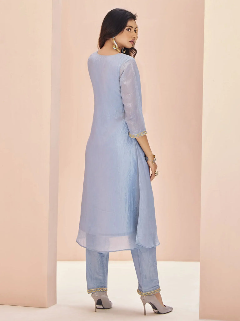 Charming Dusty Blue Embroidered Organza Festival Wear Pant Suit