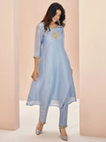 Charming Dusty Blue Embroidered Organza Festival Wear Pant Suit