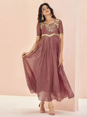 Glamorous Coral Red Embroidered Organza Festival Wear Dress