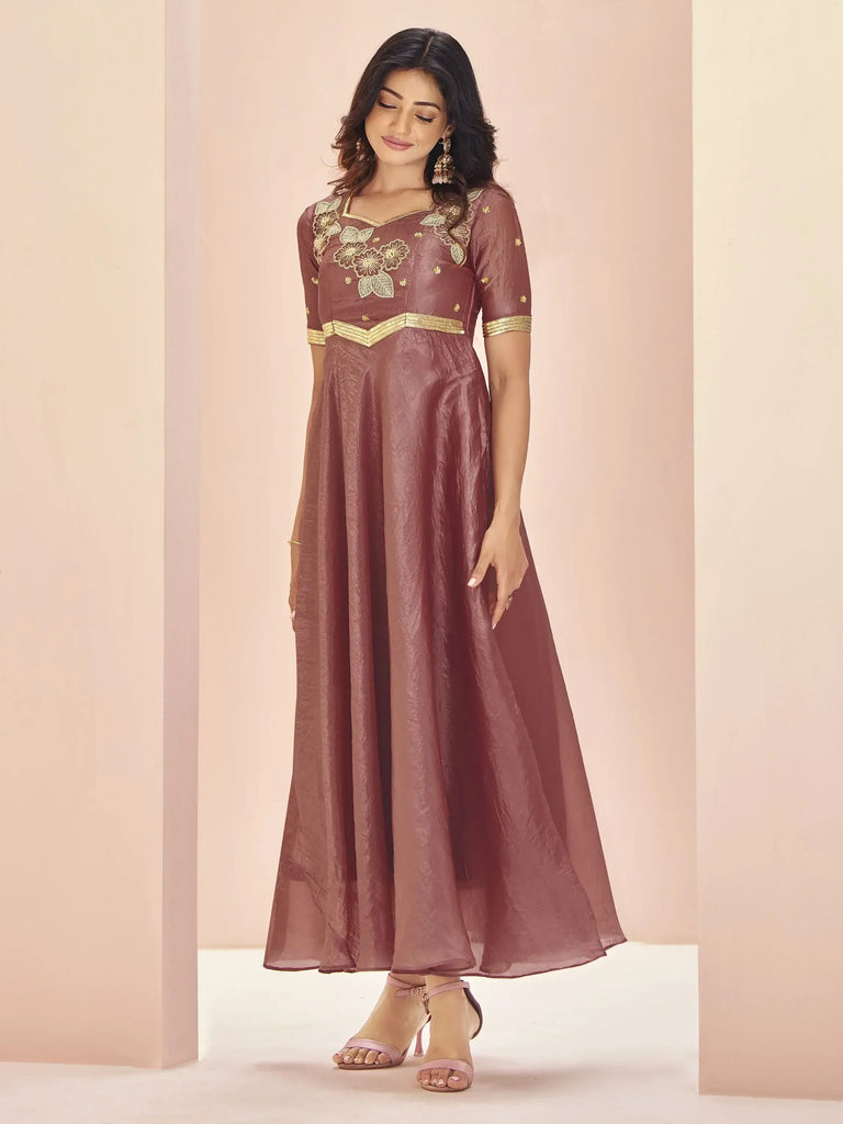 Glamorous Coral Red Embroidered Organza Festival Wear Dress