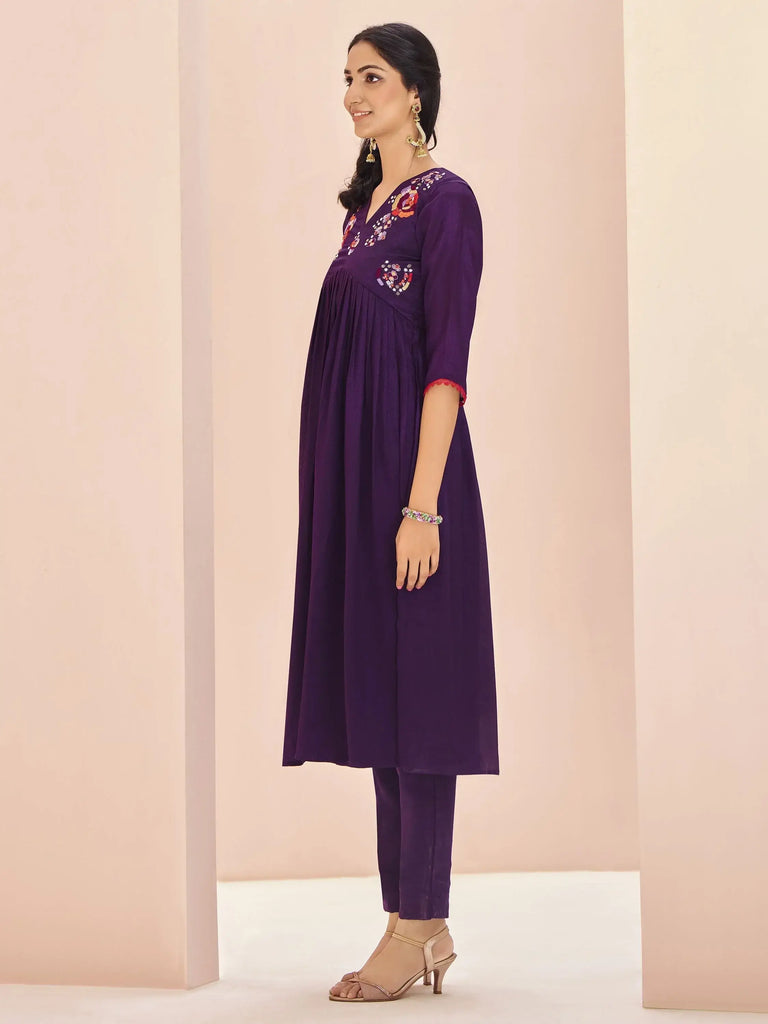Magnetic Wine Embroidered Chinon Traditional Pant Suit