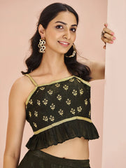 Stunning Black Embroidered Art Silk Designer Crop Top With Palazzo