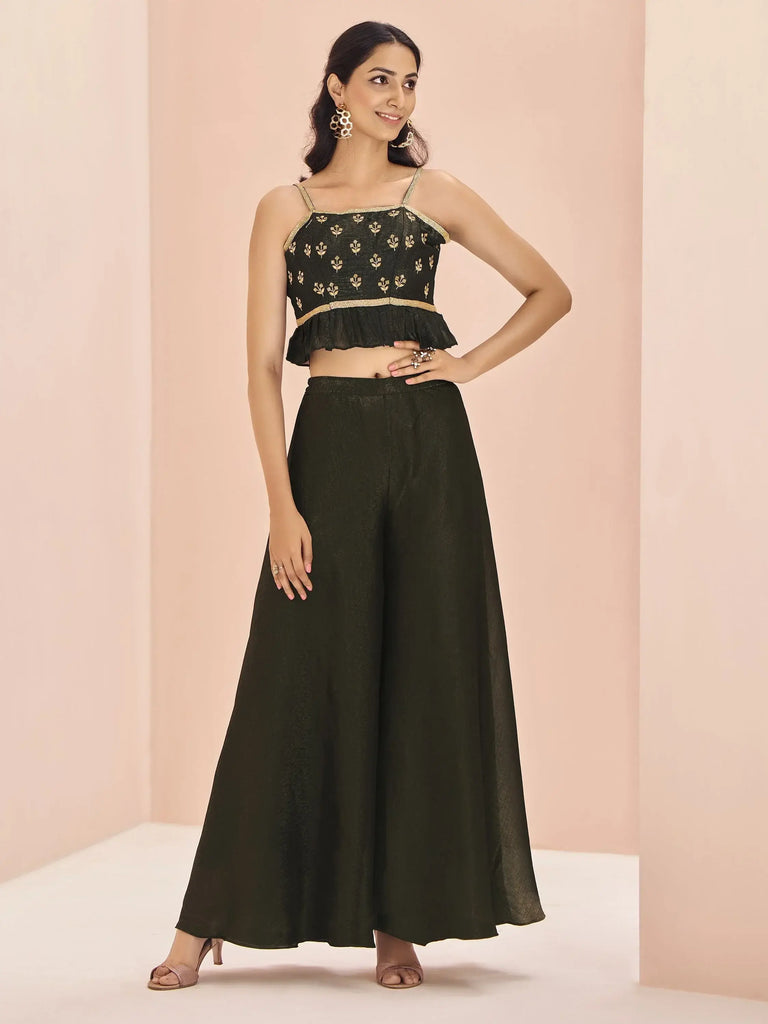 Stunning Black Embroidered Art Silk Designer Crop Top With Palazzo