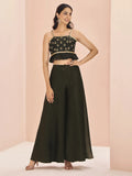 Stunning Black Embroidered Art Silk Designer Crop Top With Palazzo