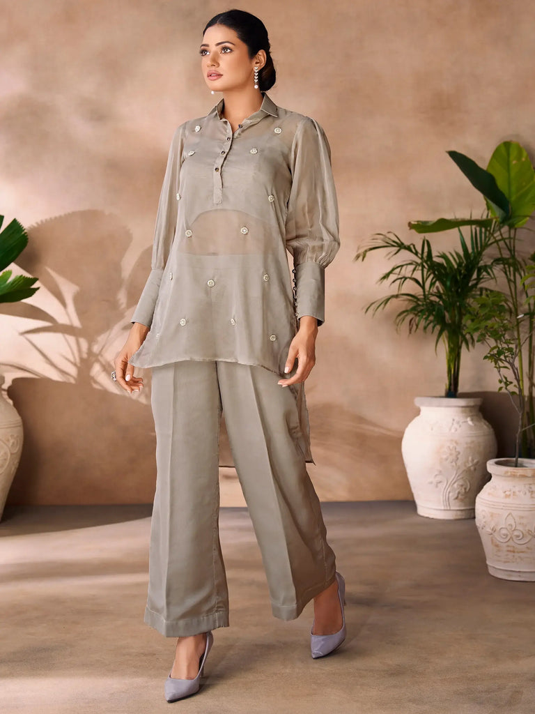 Adorable Grey Hand Work Organza Party Wear Co-Ord Set