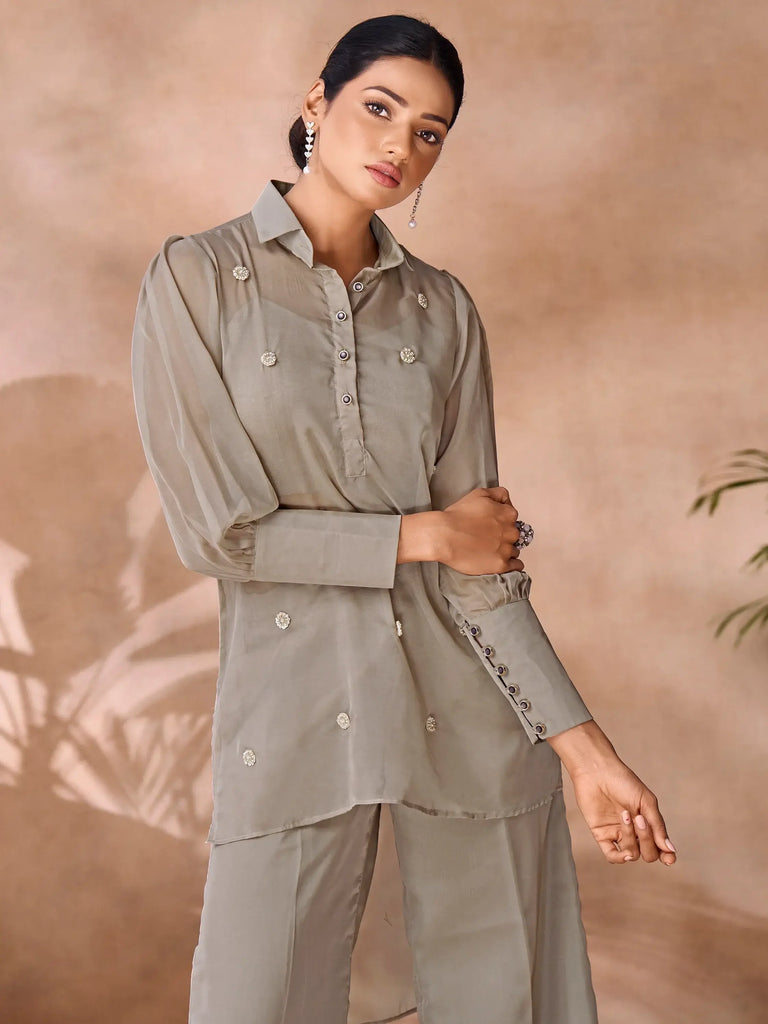 Adorable Grey Hand Work Organza Party Wear Co-Ord Set