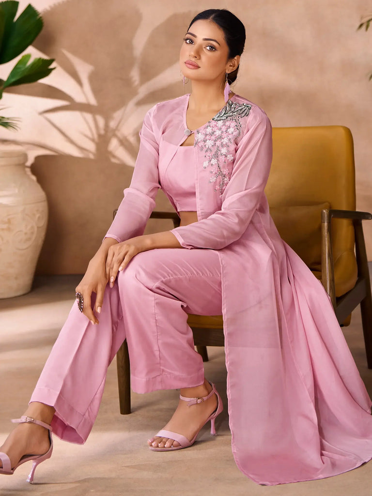 Enchanting Baby Pink Hand Work Organza Party Wear Co-Ord Set