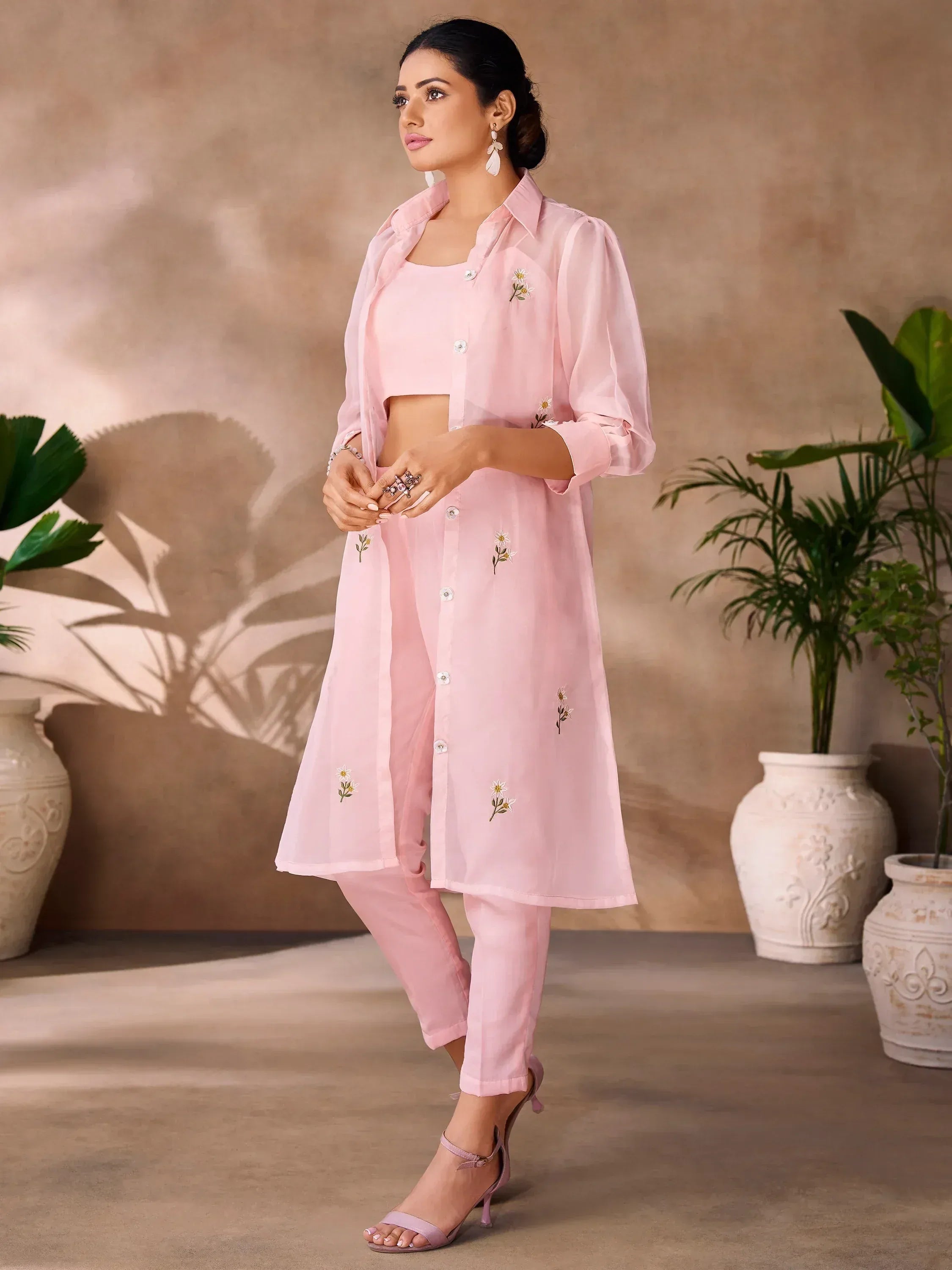 Pink floral embroidered kurta set with matching pants, ideal for Indian ethnic wear