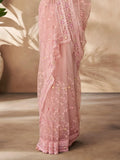 Beautiful Peach Thread Work Net Party Wear Saree With Blouse
