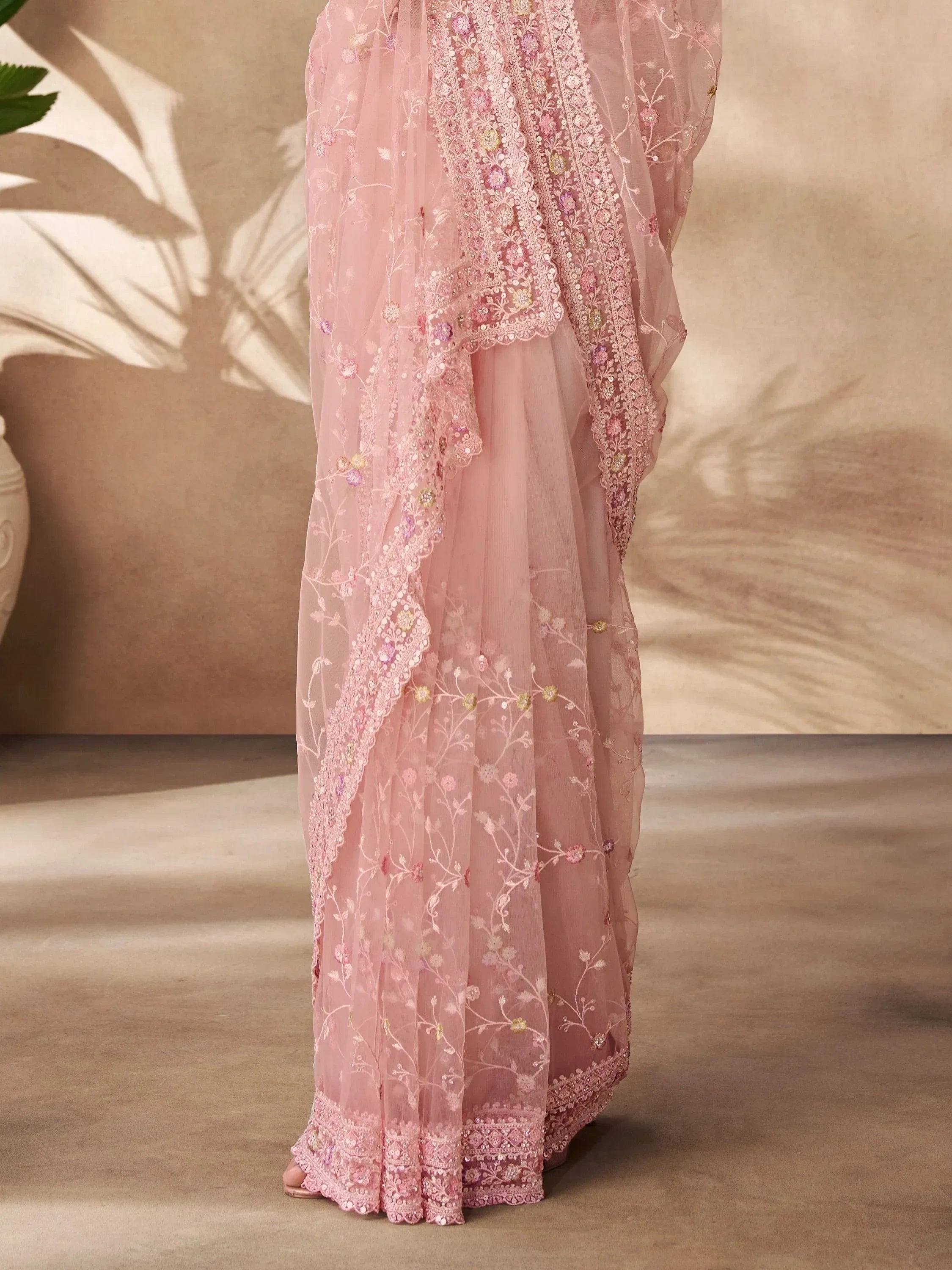 Beautiful Peach Thread Work Net Party Wear Saree With Blouse