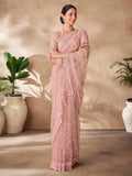 Beautiful Peach Thread Work Net Party Wear Saree With Blouse