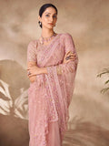 Beautiful Peach Thread Work Net Party Wear Saree With Blouse