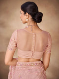 Beautiful Peach Thread Work Net Party Wear Saree With Blouse