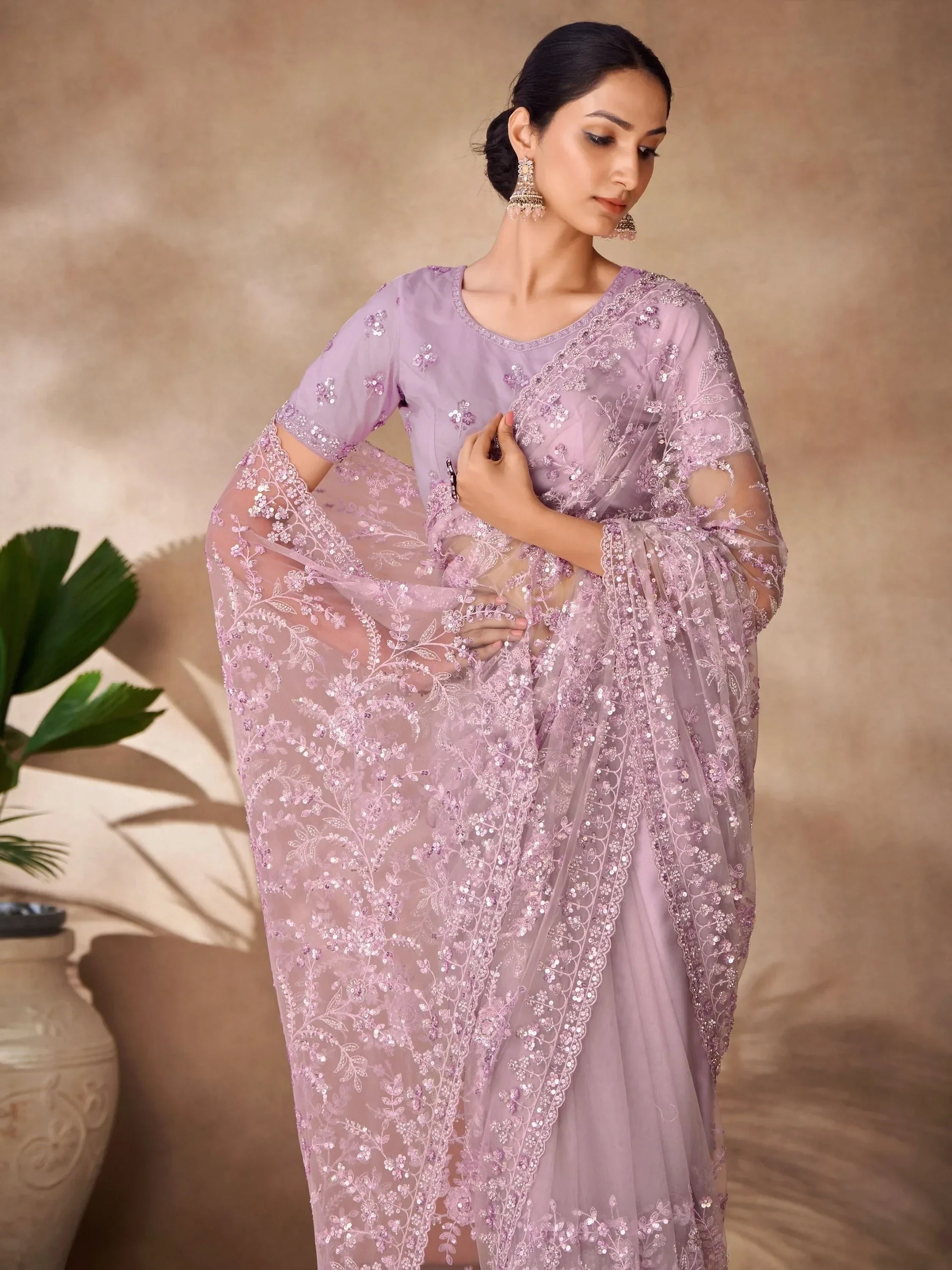 Gorgeous Lavender Sequins Net Reception Wear Saree With Blouse