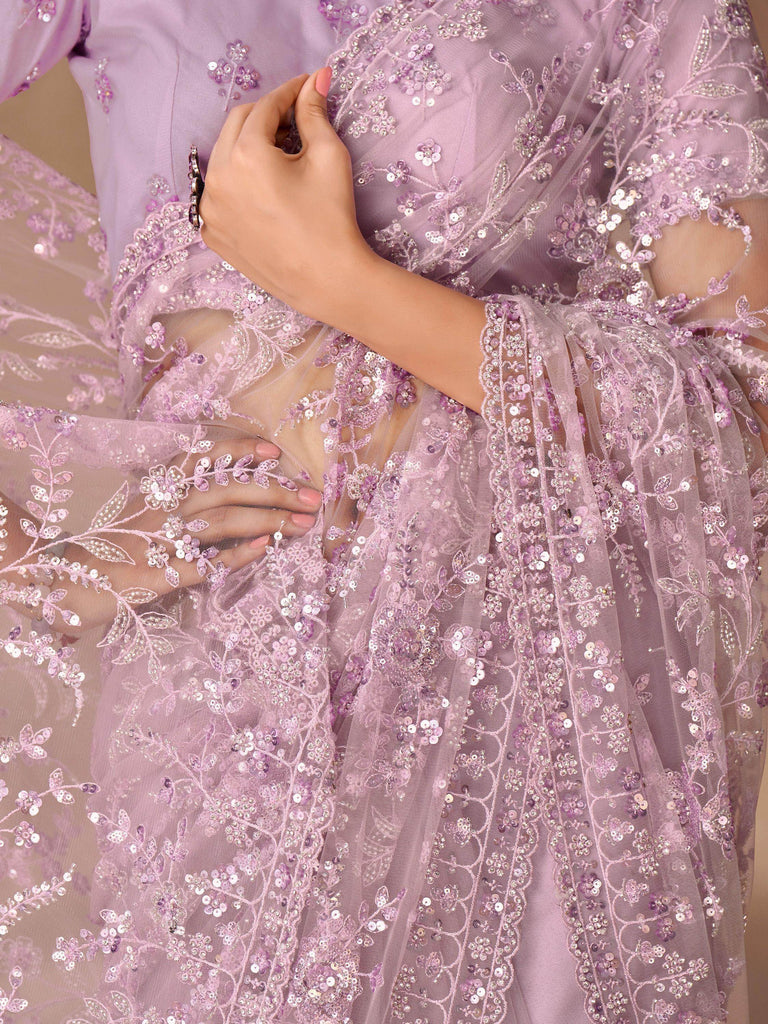 Gorgeous Lavender Sequins Net Reception Wear Saree With Blouse