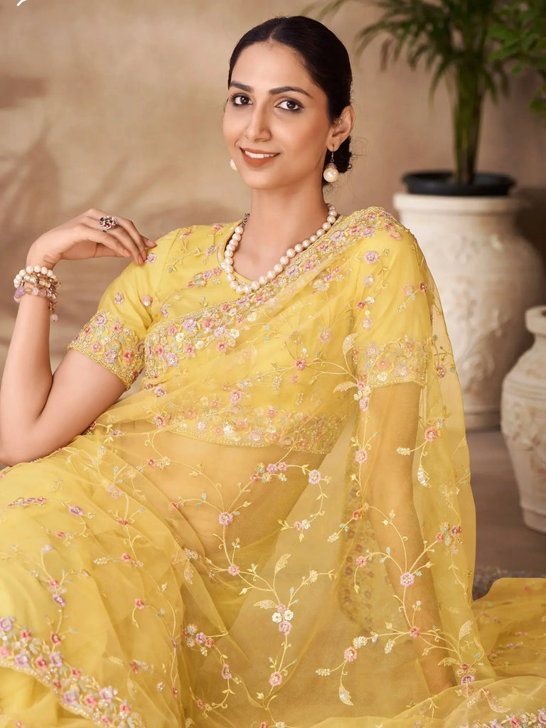 Captivating Yellow Sequins Net Event Wear Saree With Blouse