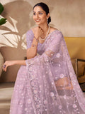Fascinating Lilac Thread Work Net Party Wear Saree With Blouse