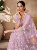 Fascinating Lilac Thread Work Net Party Wear Saree With Blouse
