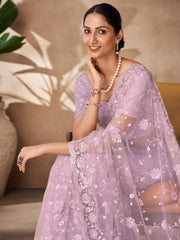 Fascinating Lilac Thread Work Net Party Wear Saree With Blouse