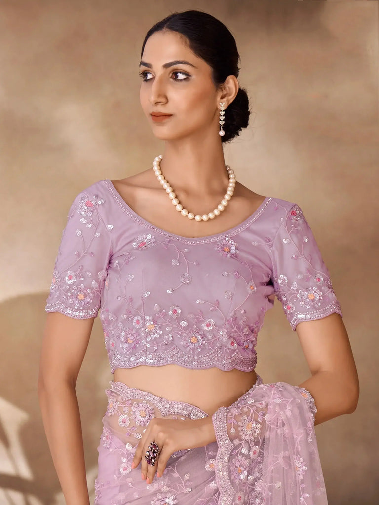 Fascinating Lilac Thread Work Net Party Wear Saree With Blouse