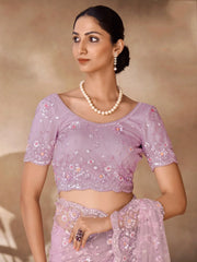 Fascinating Lilac Thread Work Net Party Wear Saree With Blouse