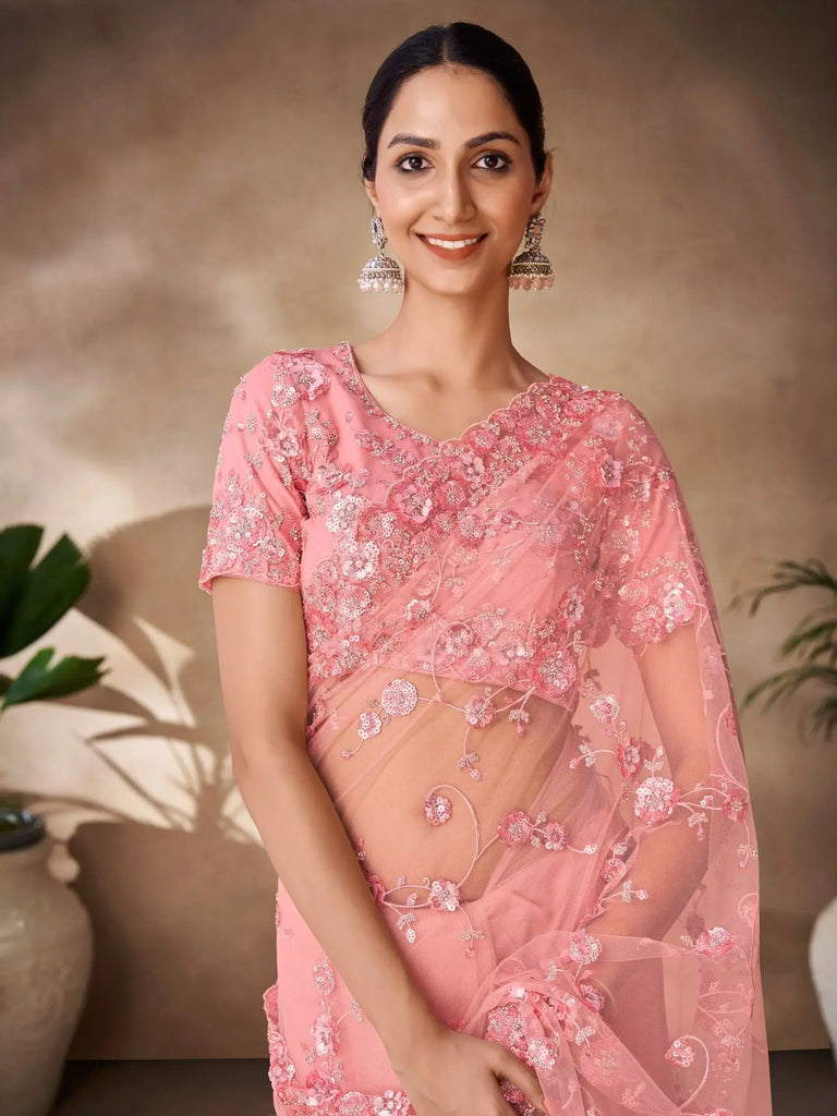 Mesmerizing Peach Sequins Net Reception Wear Saree With Blouse