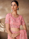 Mesmerizing Peach Sequins Net Reception Wear Saree With Blouse