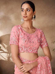 Mesmerizing Peach Sequins Net Reception Wear Saree With Blouse
