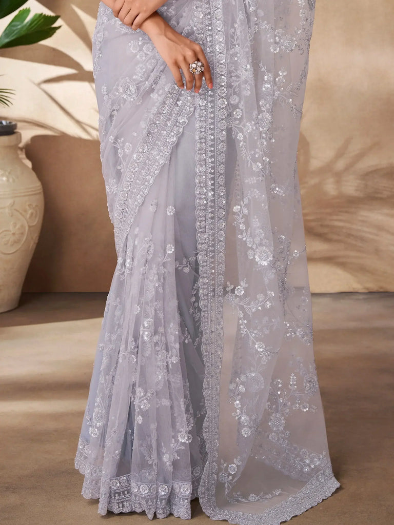 Attractive Grey Sequins Net Party Wear Saree With Blouse