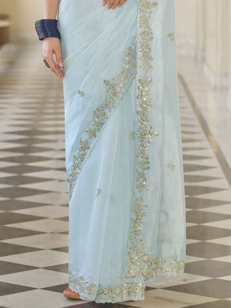 Pleasant Mint Blue Border Work Organza Engagement Wear Saree