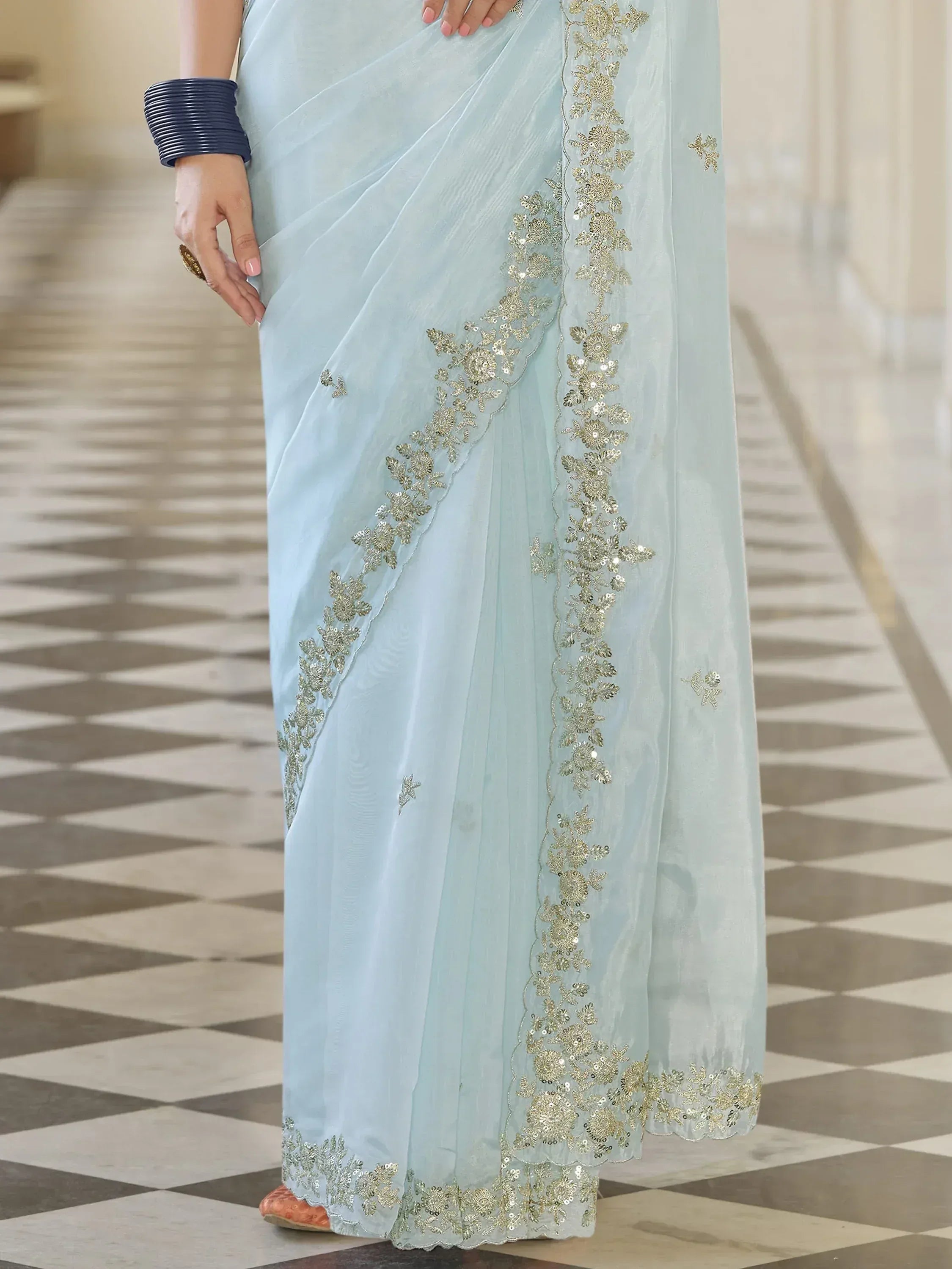 Light blue saree with gold floral embroidery and sequins, ethnic Indian wear