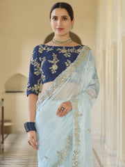Pleasant Mint Blue Border Work Organza Engagement Wear Saree