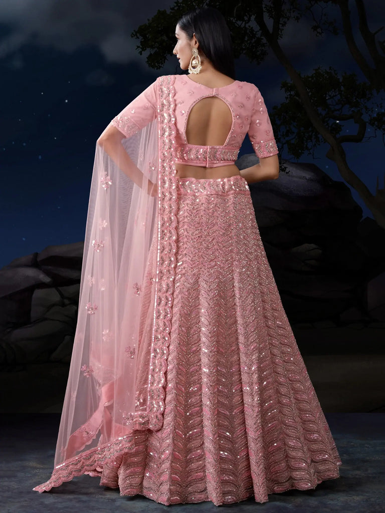 Alluring Pink Sequins Net Bridesmaid Lehenga Choli With Dupatta