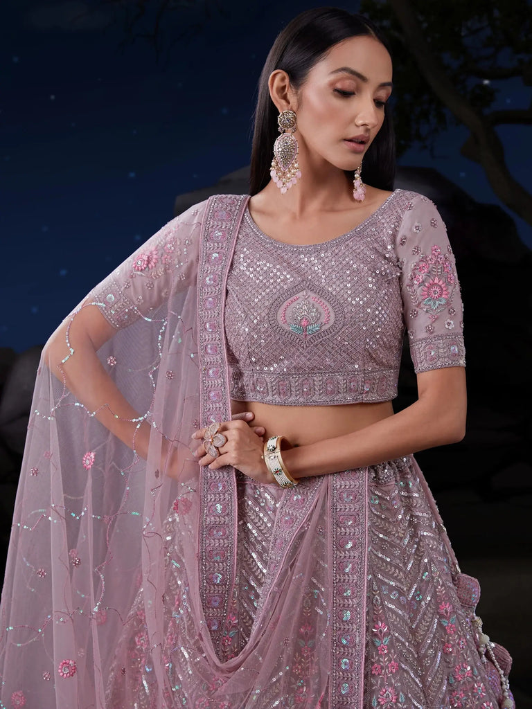 Captivating Dusty Purple Sequins Net Bridesmaid Lehenga Choli