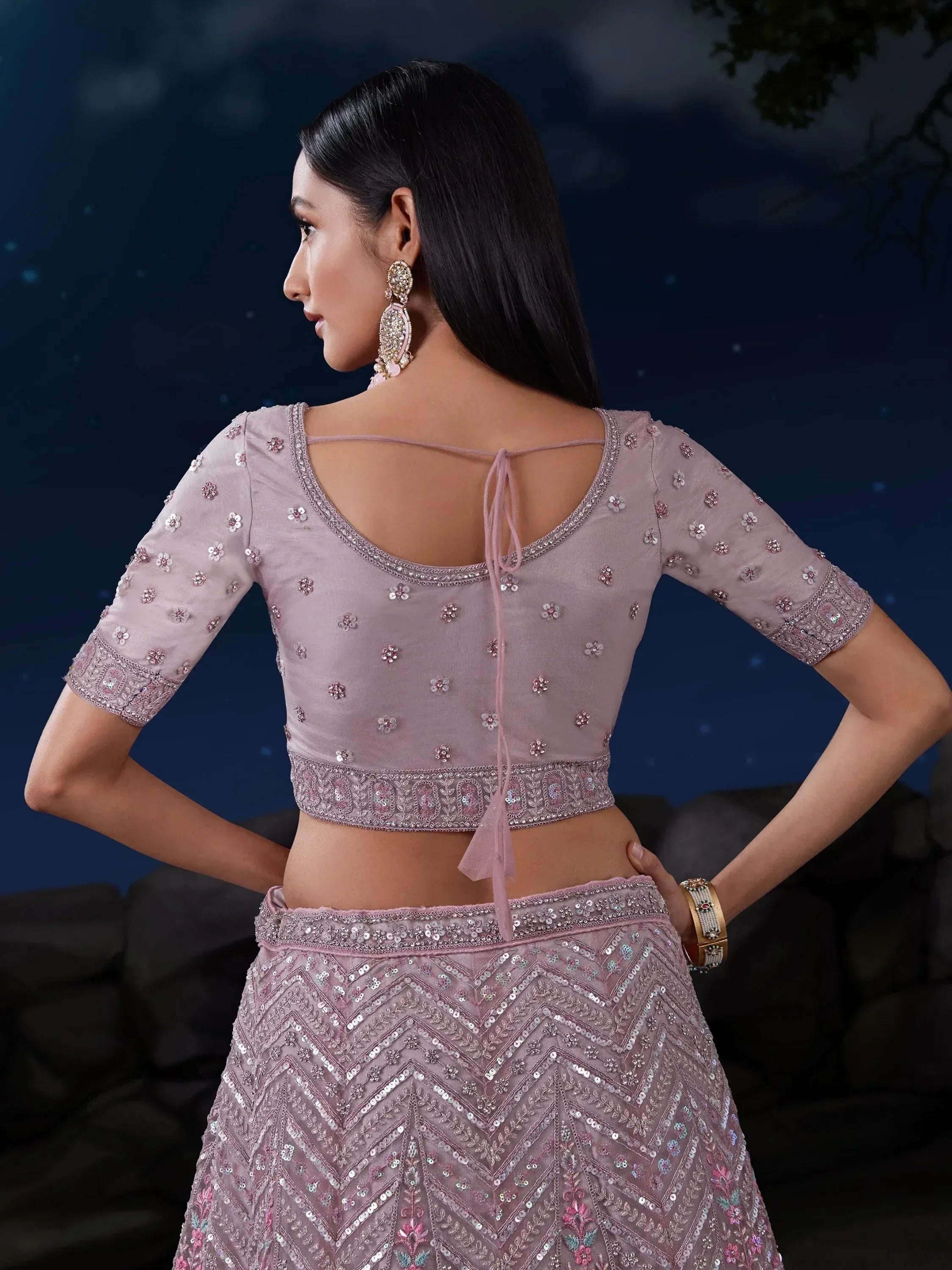 Pink embroidered lehenga choli with back tie blouse, perfect for Indian ethnic wear events