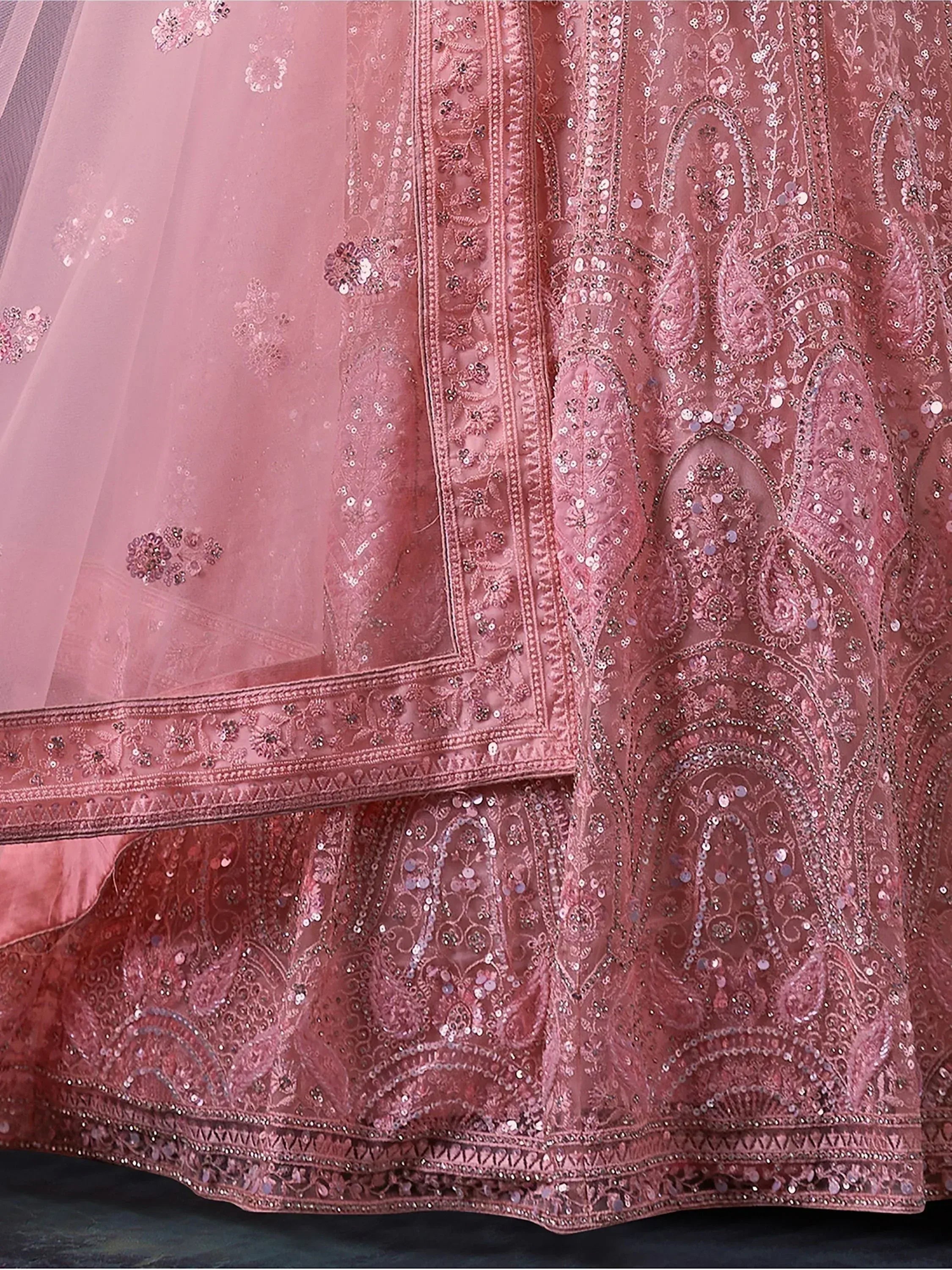 Pink designer lehenga with intricate sequin and thread embroidery, perfect for Indian ethnic wear