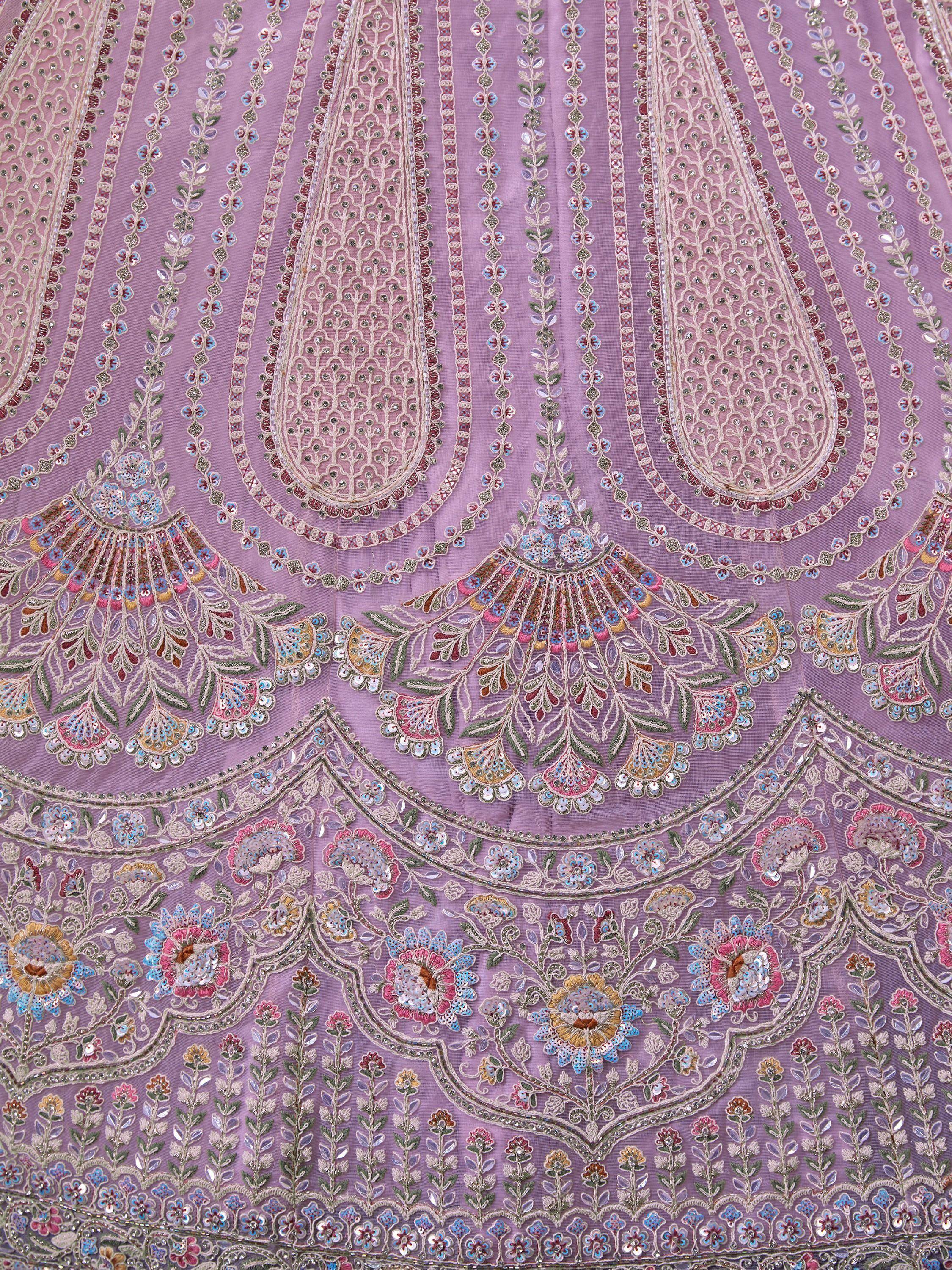 Lavender designer lehenga with intricate floral embroidery and sequin work for Indian ethnic wear