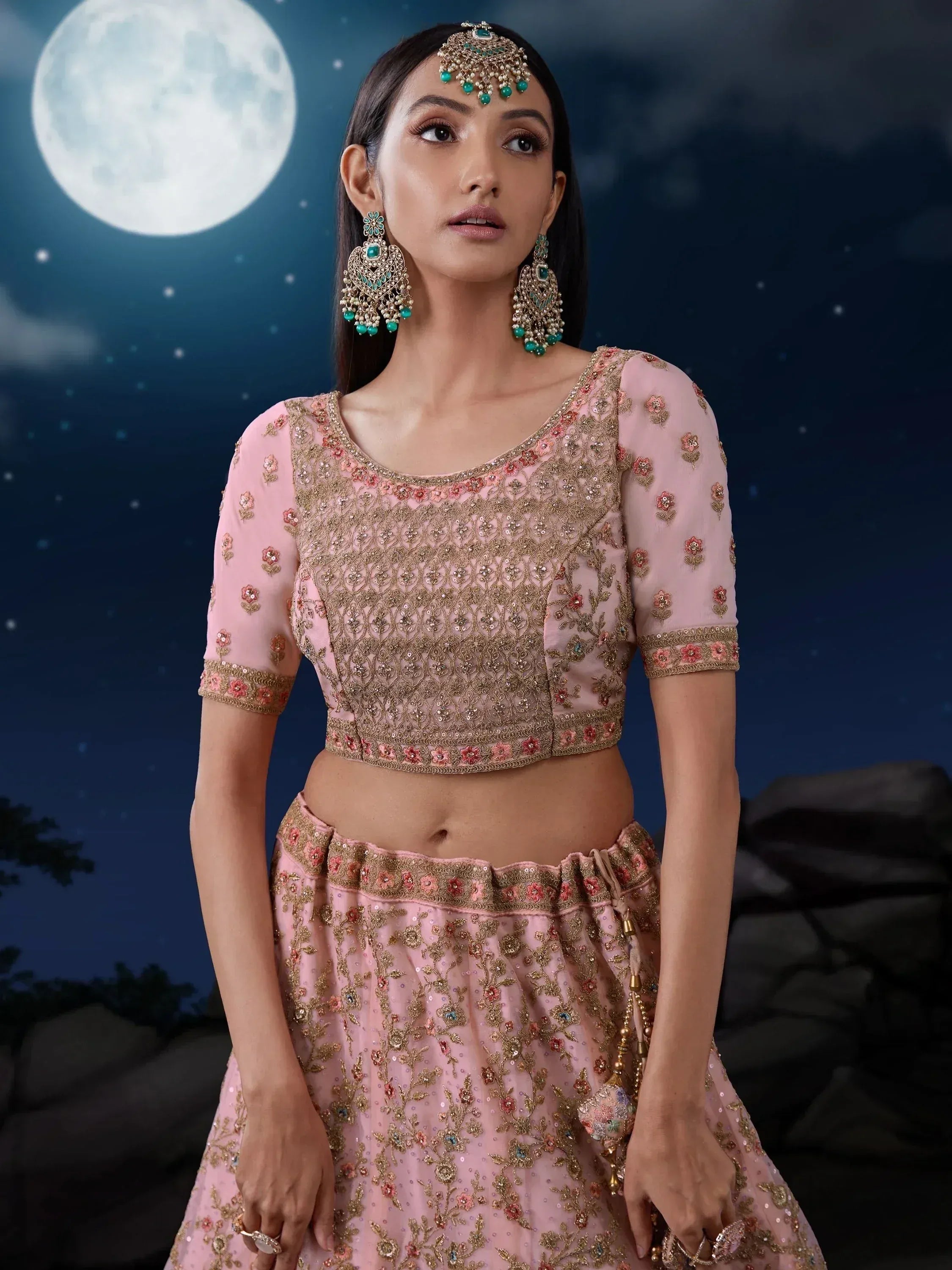 Pink embroidered lehenga choli with gold floral work, worn under a full moon night sky.