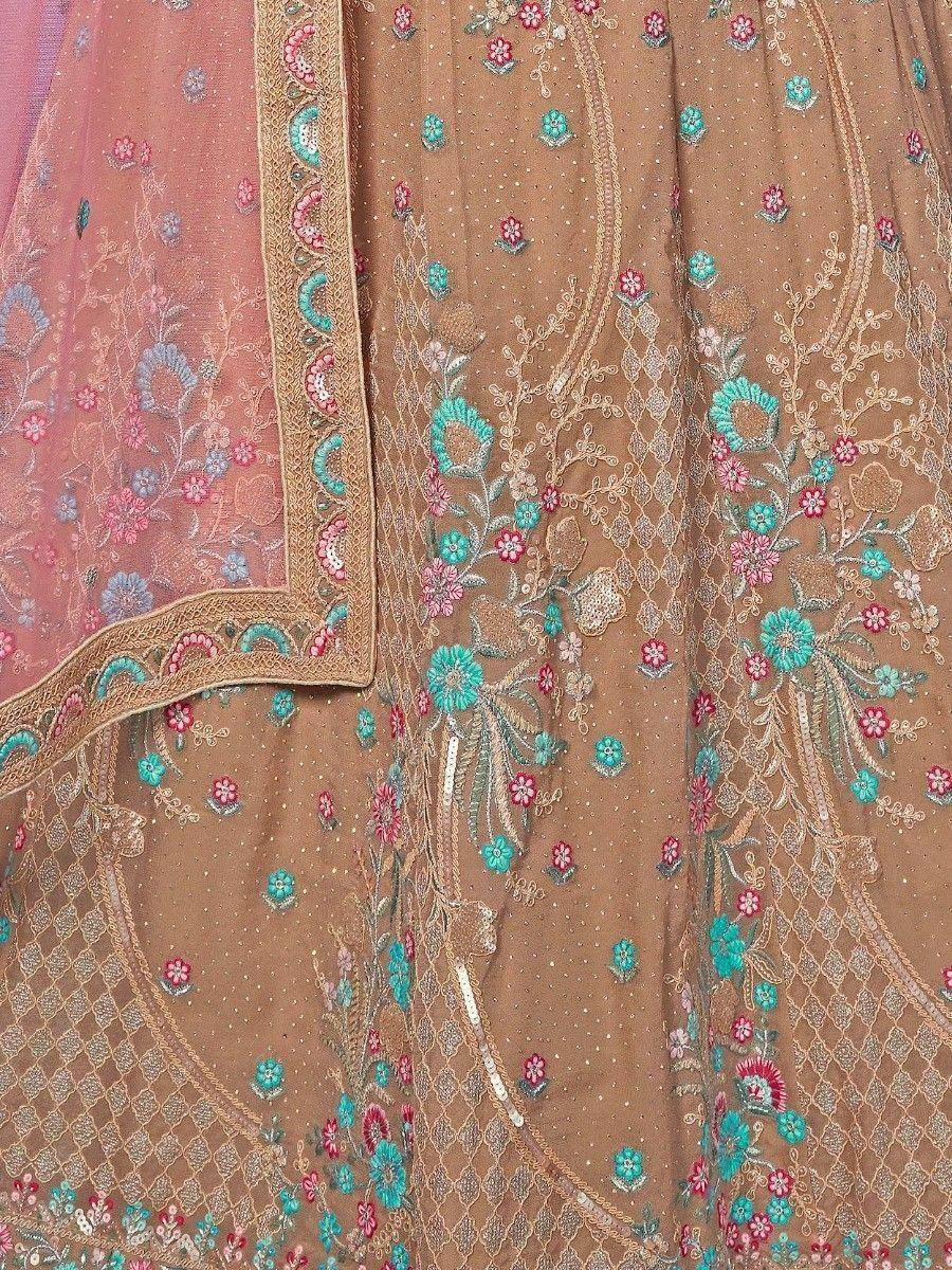 Brown embroidered lehenga with floral motifs and pink dupatta, Indian ethnic wear