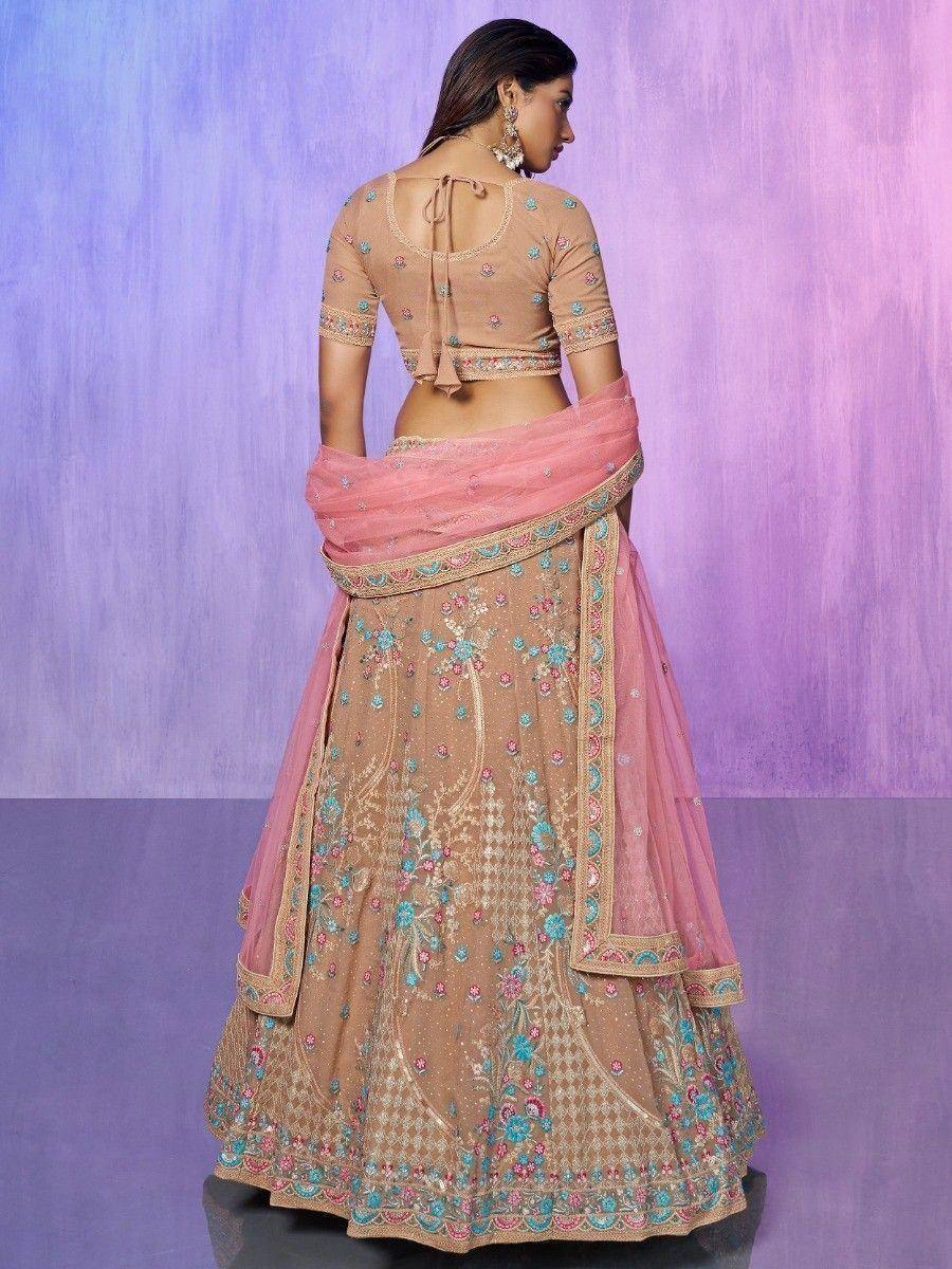 Beige floral embroidered lehenga choli with pink dupatta, ethnic Indian wear for women