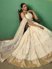 Charming Cream Embroidered Georgette Reception Wear Lehenga Choli