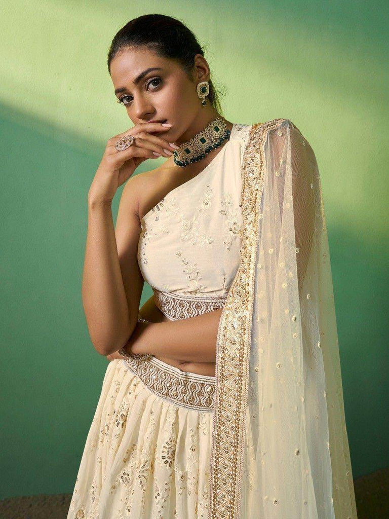 Charming Cream Embroidered Georgette Reception Wear Lehenga Choli