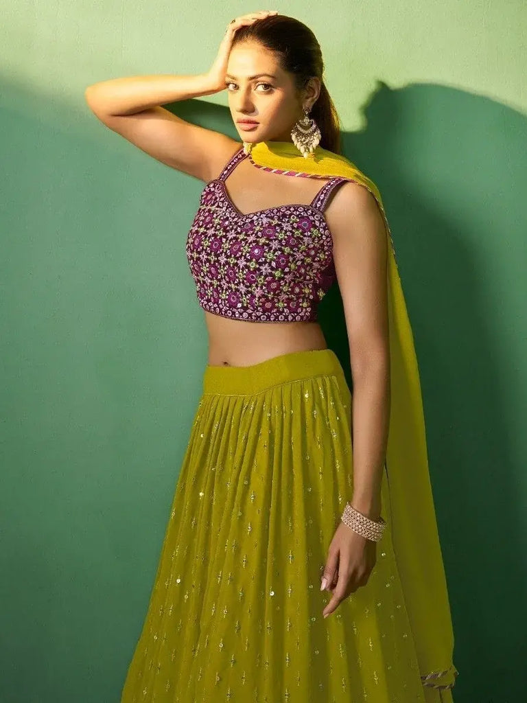 Precious Green Sequins Georgette Mehendi Wear Lehenga Choli