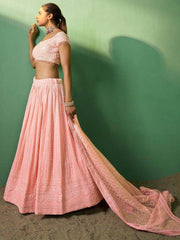 Stunning Peach Sequins Georgette Engagement Wear  Lehenga Choli