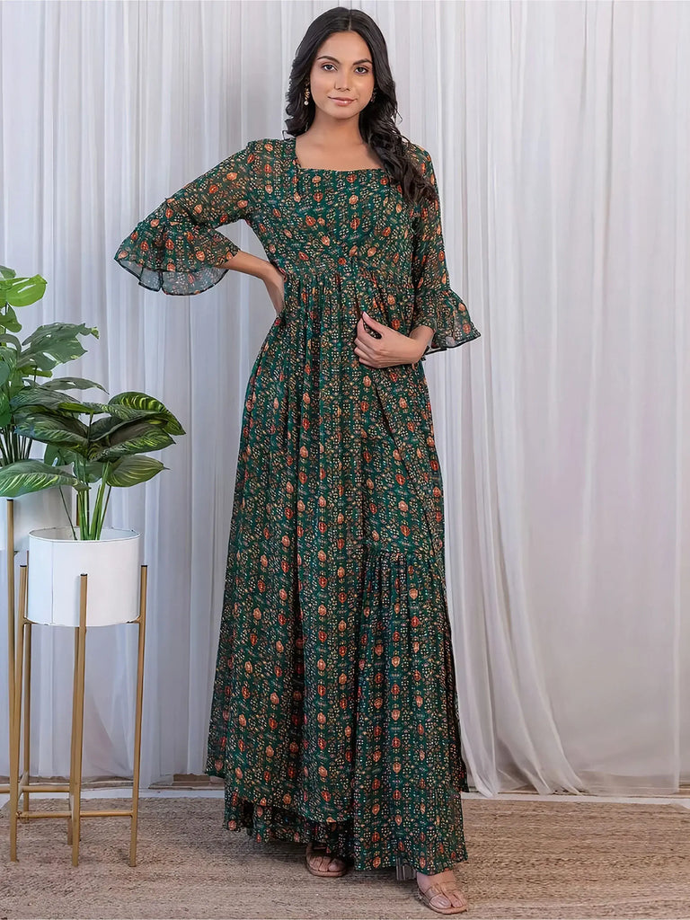 Charming Green Digital Printed Georgette Sharara Crop-Top With Jacket