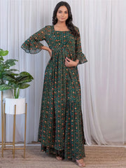 Charming Green Digital Printed Georgette Sharara Crop-Top With Jacket