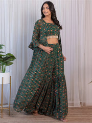 Charming Green Digital Printed Georgette Sharara Crop-Top With Jacket
