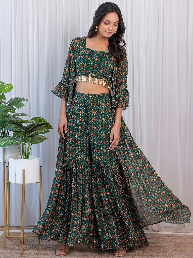 Charming Green Digital Printed Georgette Sharara Crop-Top With Jacket